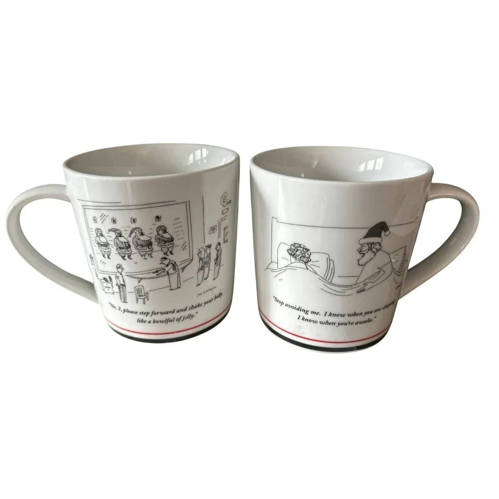 Set of 2 New Yorker Cartoon Santa Mugs 2001 Michael Maslin 1991 Danny Shanahan